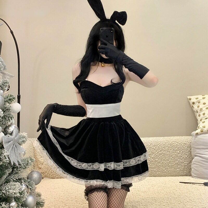 2023年新款圣诞裙性感黑白兔女郎角色扮演圣诞战袍短裙女主播套装