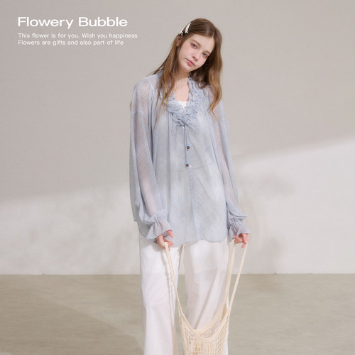 FloweryBubble格纹抽褶V领衬衣