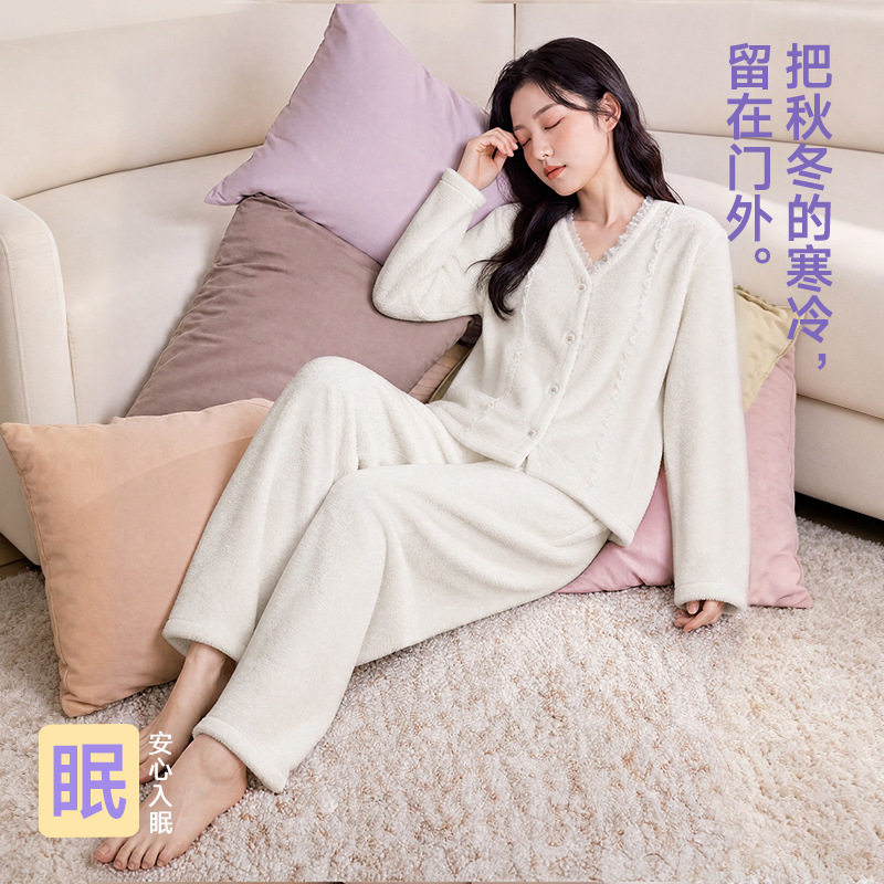 秋冬季睡衣女简约甜美珊瑚绒加厚保暖蕾丝V领开衫可外穿厂家批发