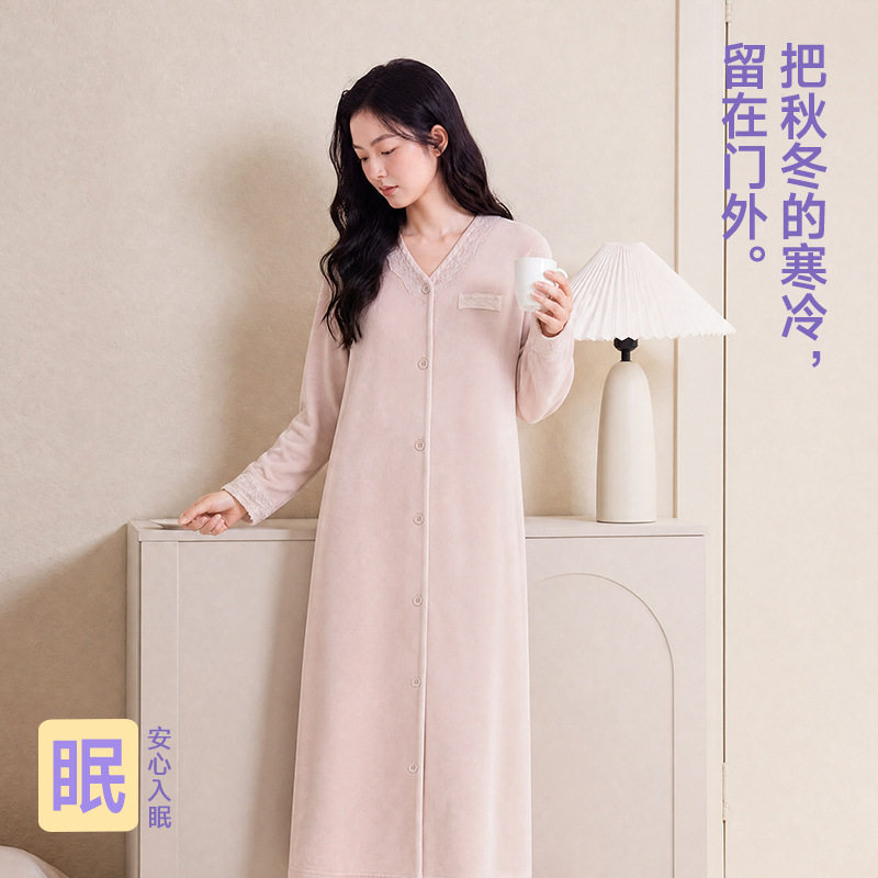 海岛绒女士秋冬加厚保暖长款睡袍