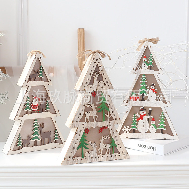 欧式圣诞树装饰品小夜灯桌面装饰品圣诞老人雪人木松圣诞节装饰品