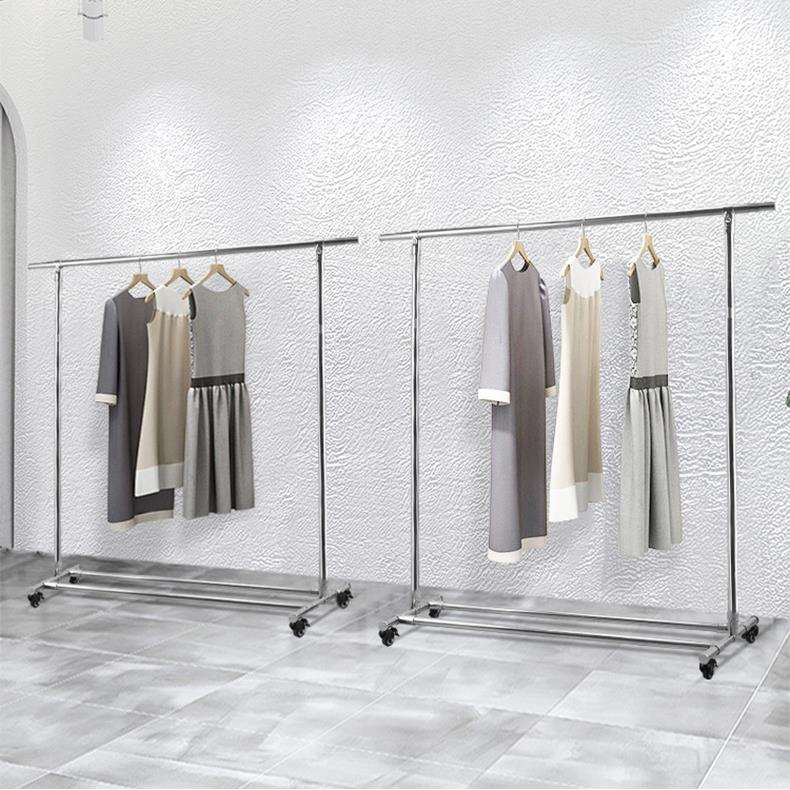 不锈钢单杆落地式特卖服装架高度可调节衣架可伸缩中岛龙门展示架