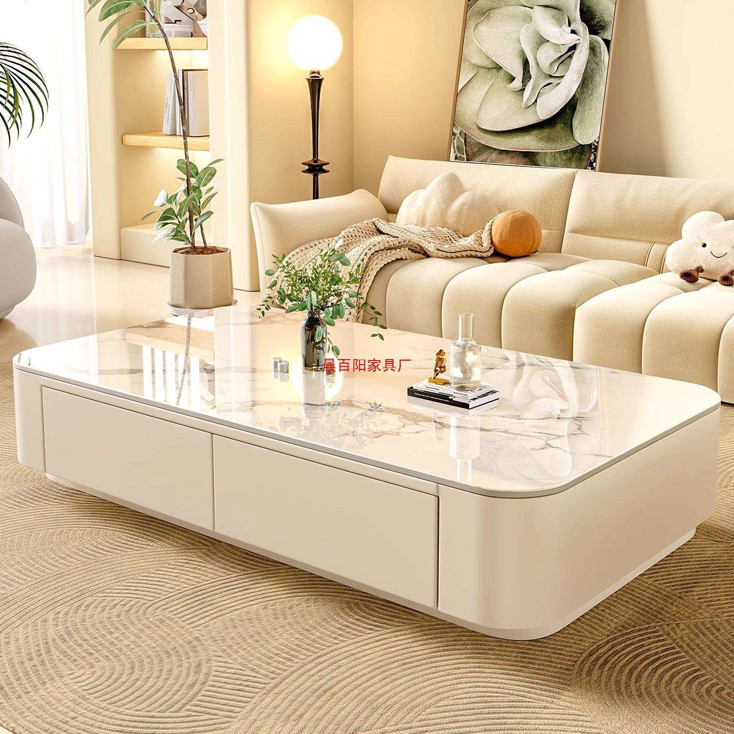 奶油风岩板茶几客厅家用2025新款轻奢简约小户型出租房带抽屉茶桌