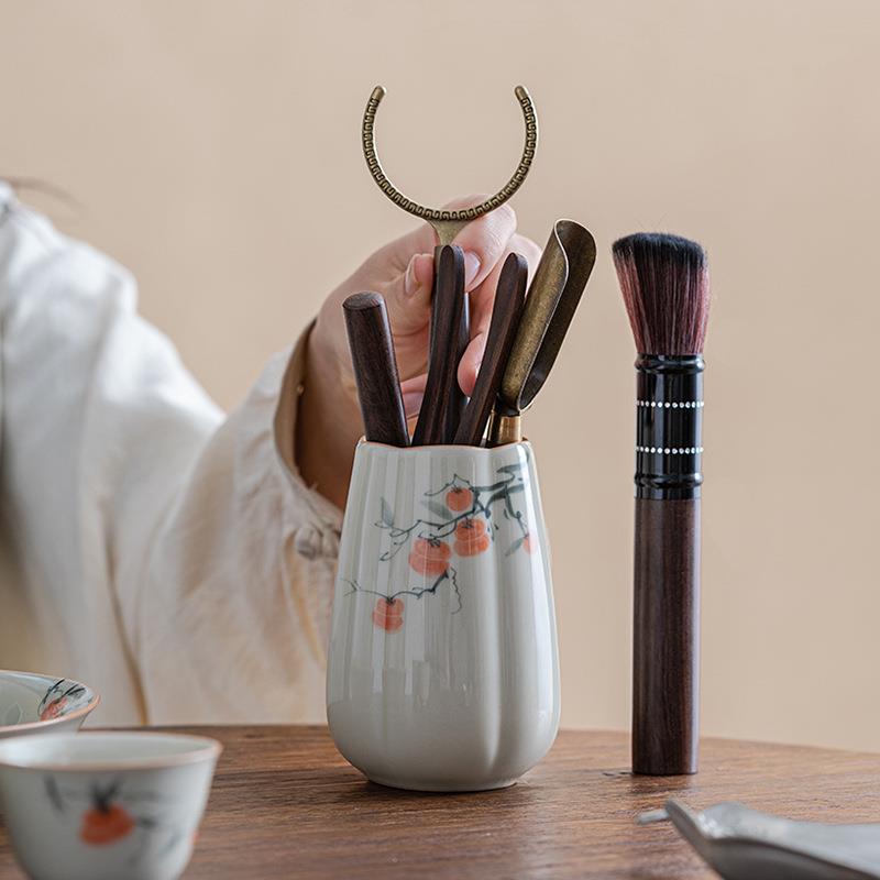 冰台手绘橙柿茶道君子家用泡茶工具笔筒陶瓷配件新中式釉下彩