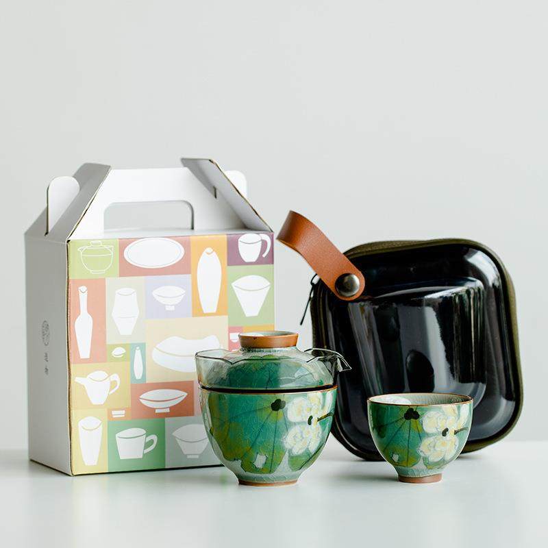 且来冰片釉手绘夏荷旅行茶具套装创意户外陶瓷便携式茶具玻璃快客