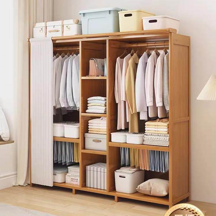简易实木衣柜家用卧室衣橱全封闭拉帘布柜子出租房组装加粗衣帽架