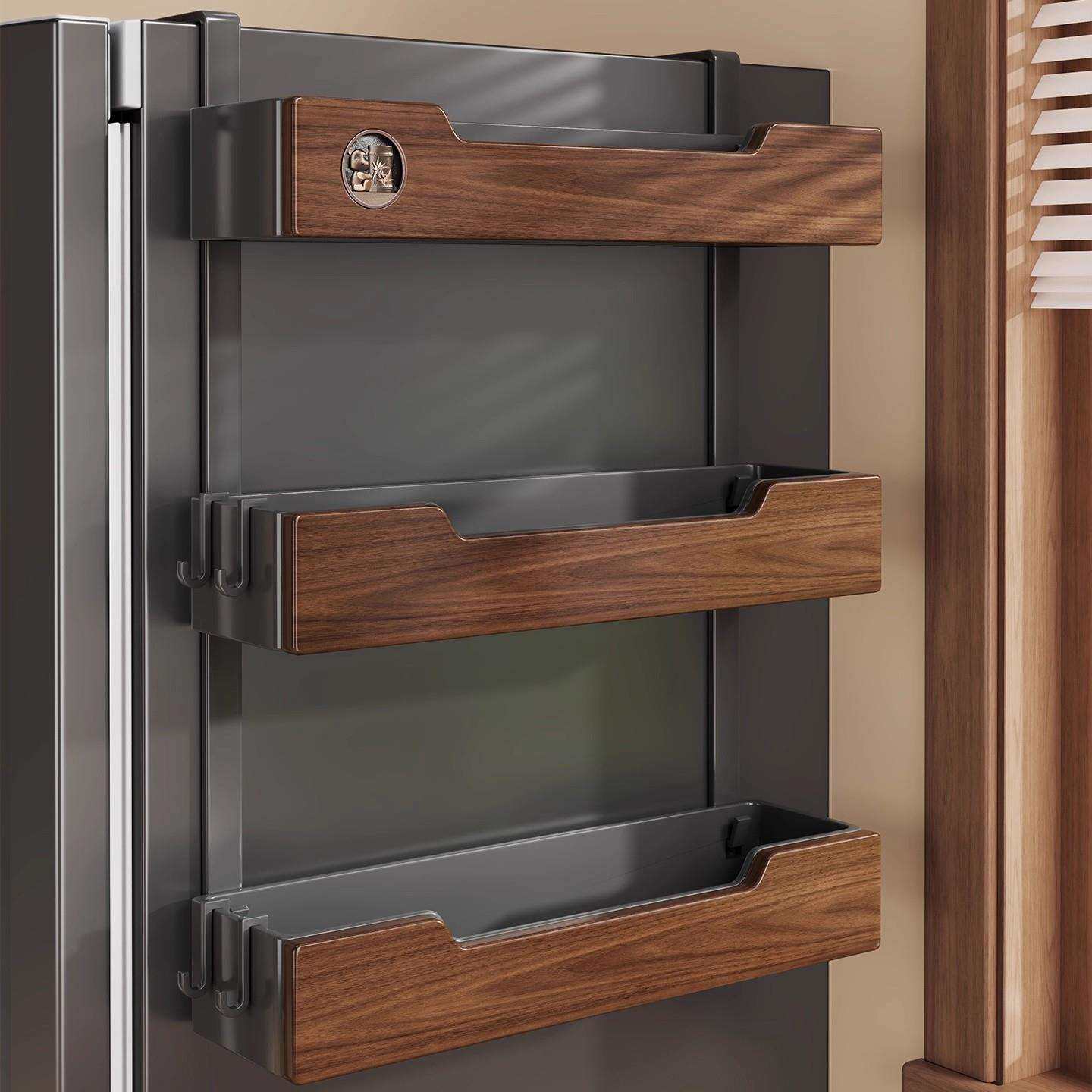 实木冰箱侧置物架厨房壁挂收纳筐悬挂免打孔多层调味品架整理神器