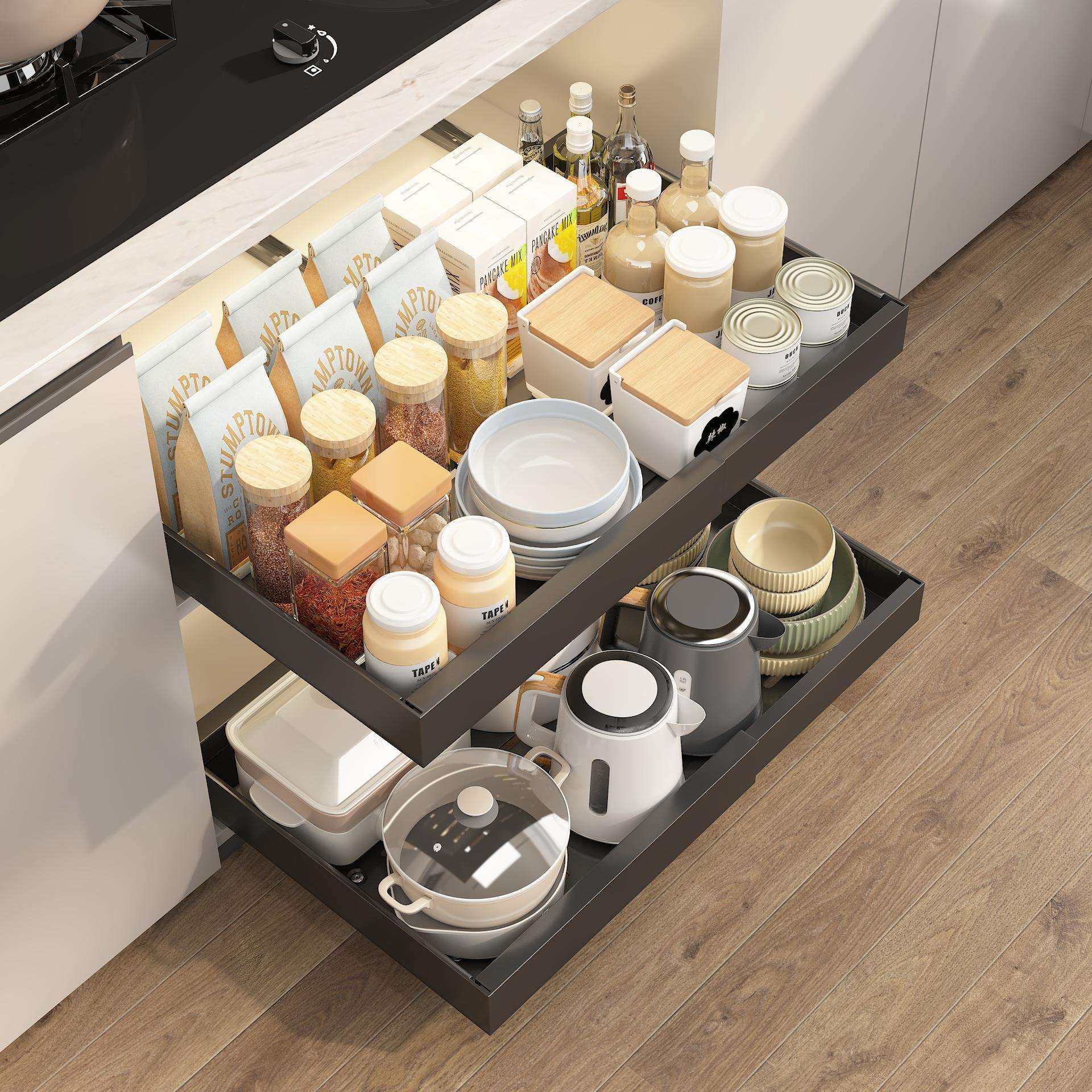 厨房橱柜可伸缩抽屉拉篮杂物收纳盘免打孔宽度调节置物架收纳篮子