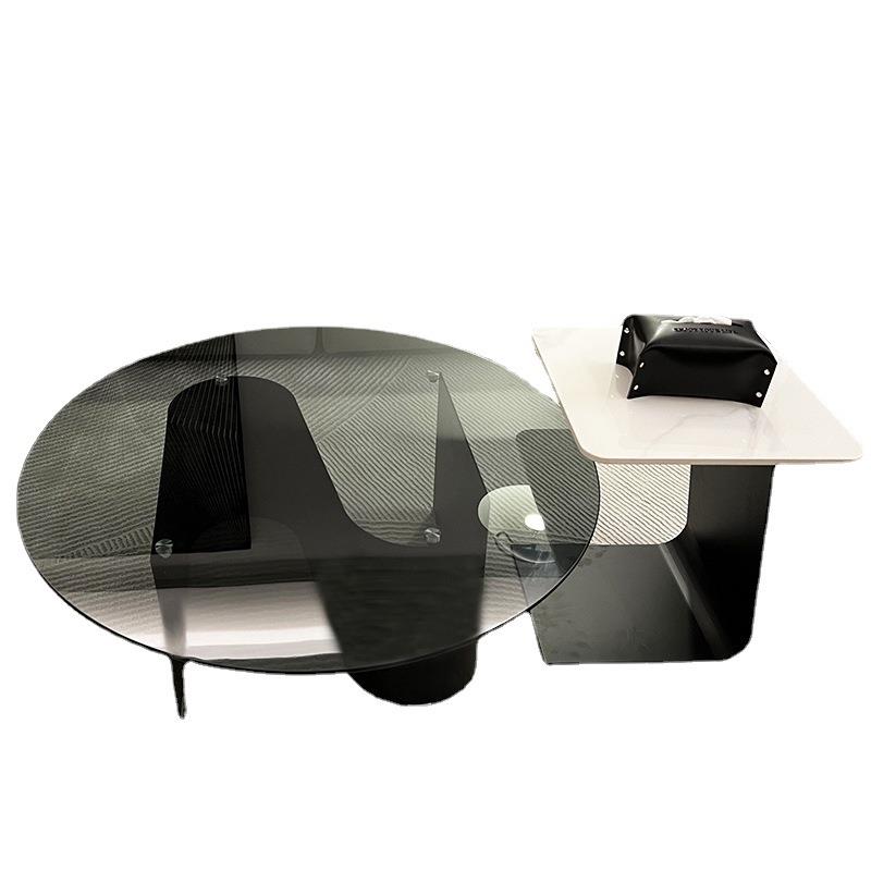 现代简约茶几黑色钢化玻璃客厅茶几高低圆桌组合高级感小户型极简