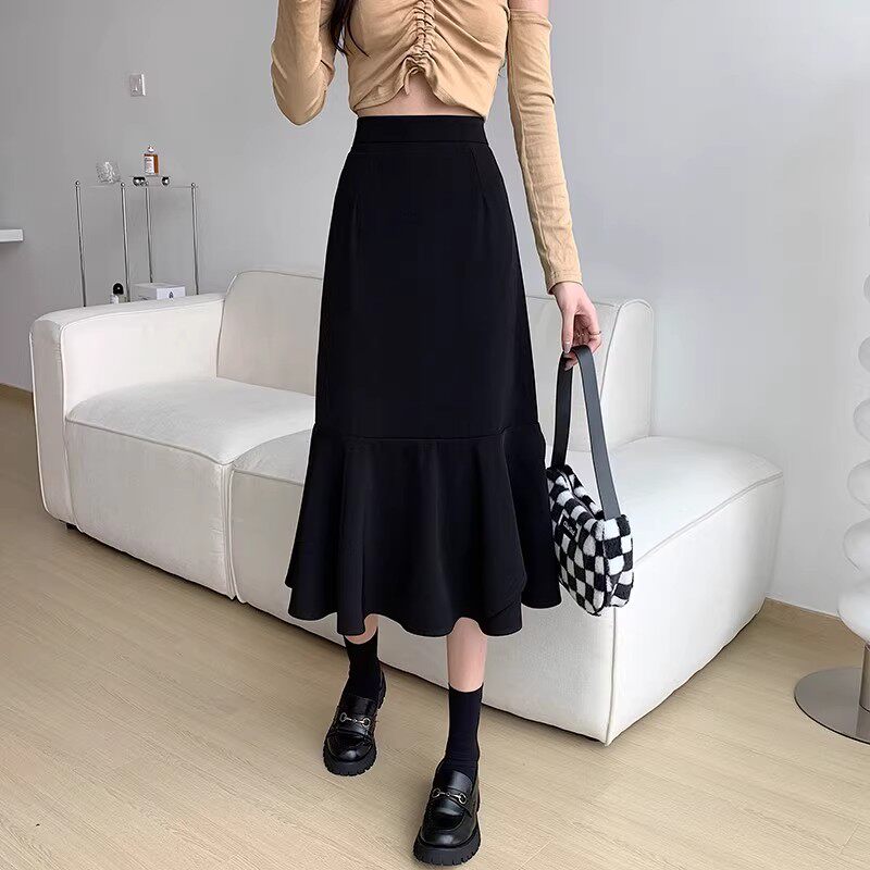 高腰遮胯黑色半身裙女大码胖mm显瘦包臀裙赫本风西装鱼尾裙子秋冬