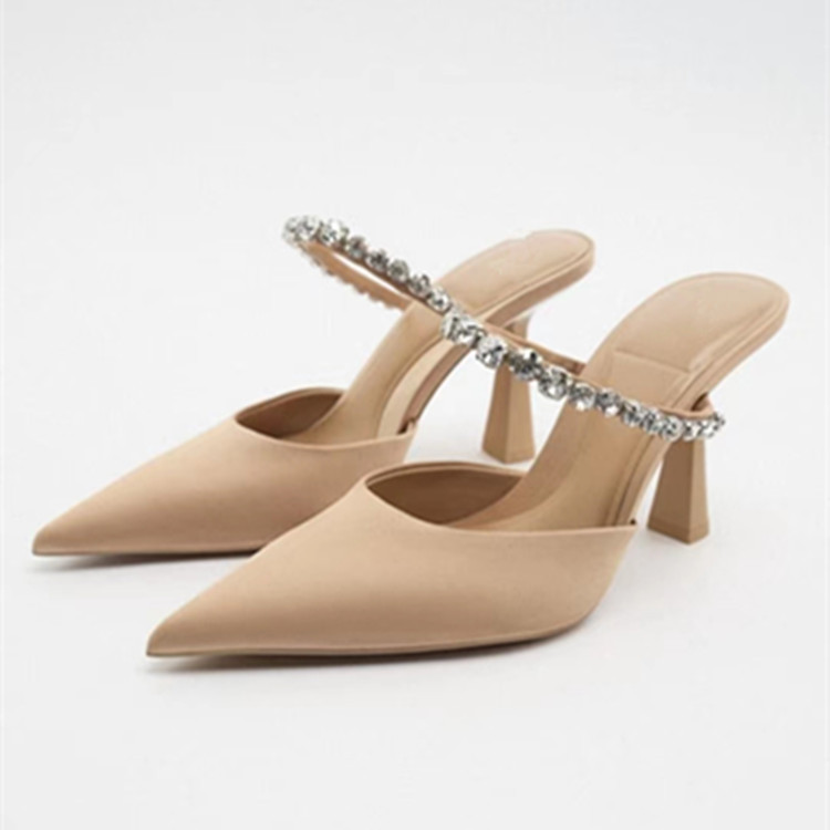 欧美高跟尖头后空女鞋水钻包头细跟时装拖鞋女Fashion Shoes