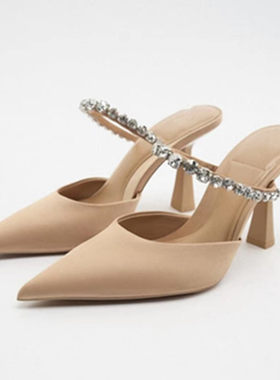欧美高跟尖头后空女鞋水钻包头细跟时装拖鞋女Fashion Shoes