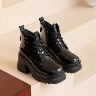 真皮高跟马丁靴女英伦风2023新款小个子秋冬加绒厚底粗跟短靴显瘦