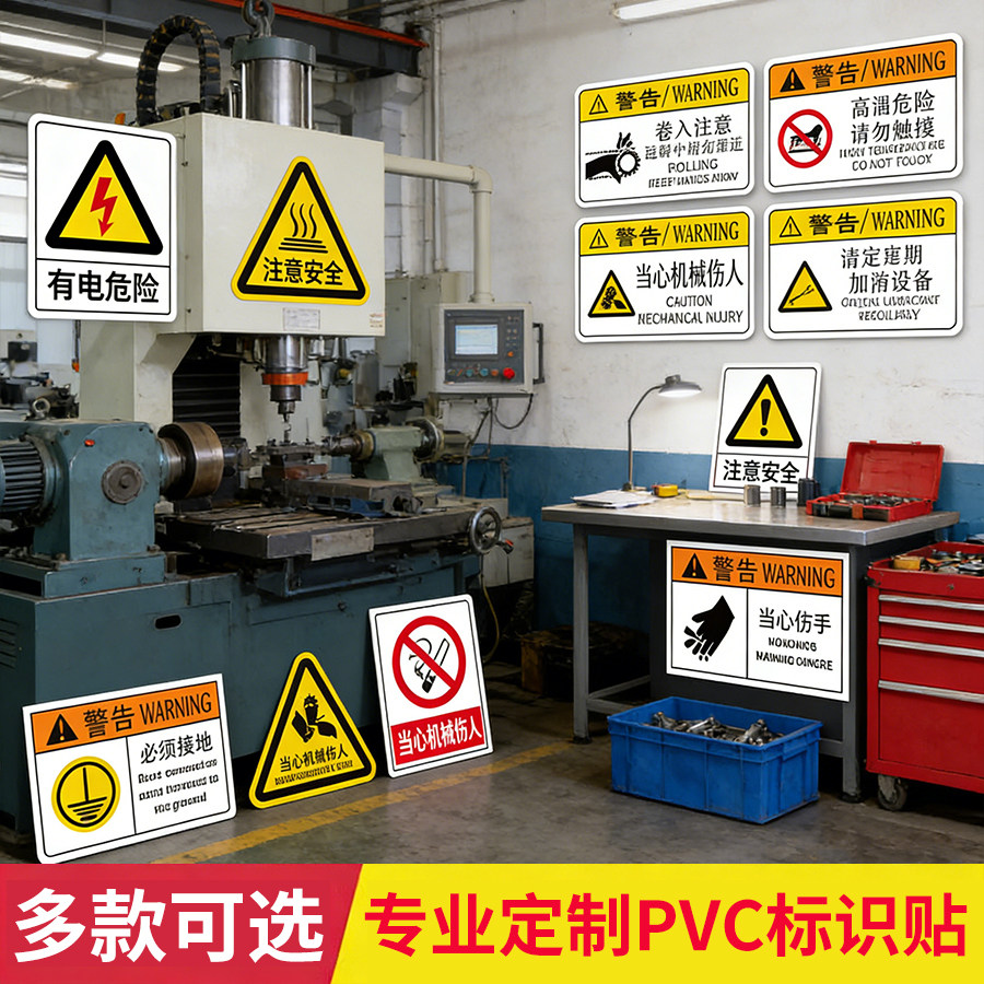 PVC标贴胶片贴标签PET机器标识不干胶定制订做安全标志当心触有电危险机械设备警示贴高温按钮箭头提示标示牌