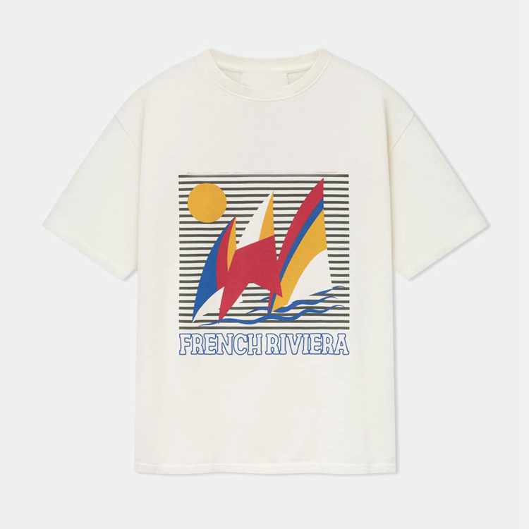 thumbnail for Poster: Wind Waves, Sailboat, Sun Monogram Print Short Sleeve T-Shirt