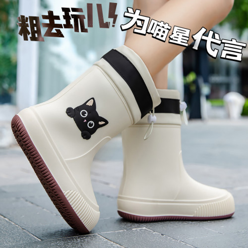 新可爱卡通小猫雨鞋女款雨靴外穿防水鞋防滑大童学生上学加绒保暖