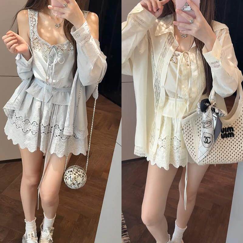 【mimius】游鹿鹿 定位重工绣花水溶蕾丝衬衫+吊带背心+裙裤套装