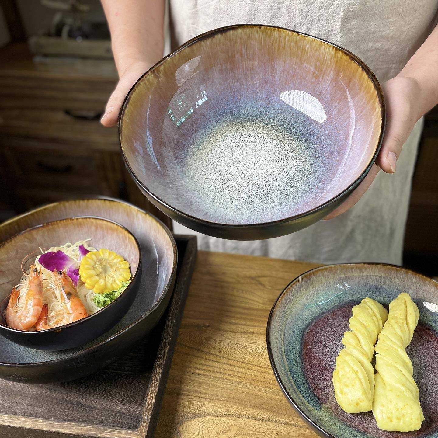 云梦异型碗碟复古餐具窑变牛排摆盘大汤碗饭碗盘子毛血旺专用盆