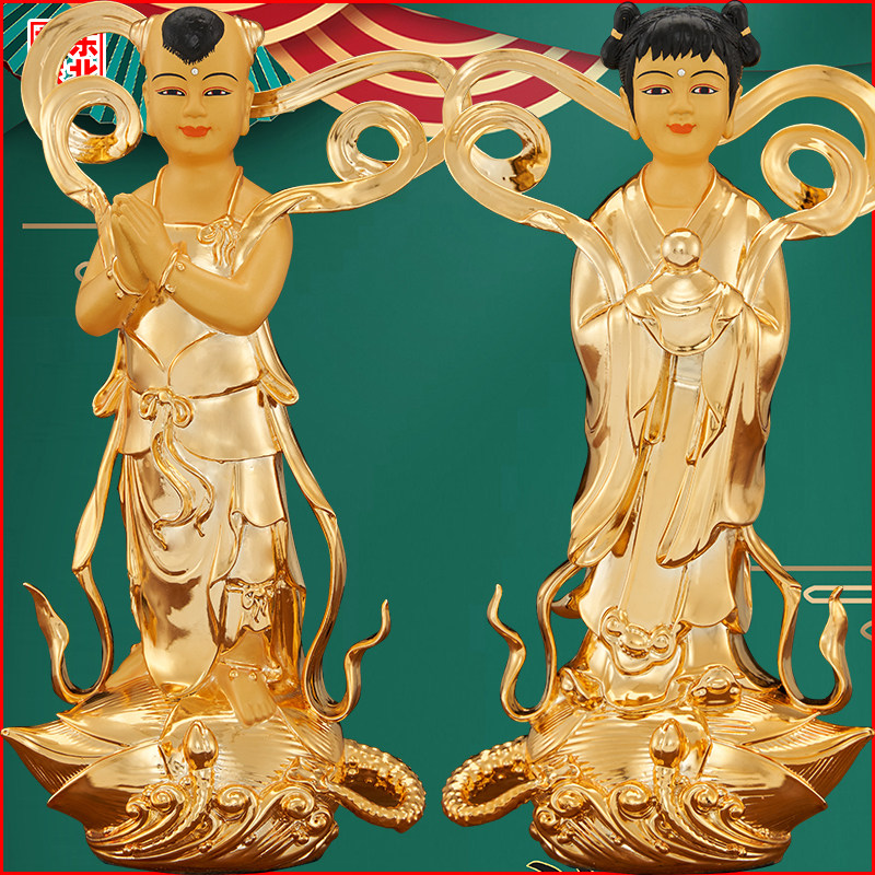 铜善财龙女金童玉女观音菩萨护法神像法器莲花红孩儿手工装饰摆件