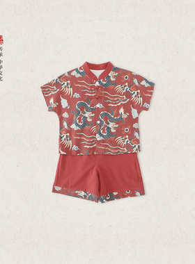 周岁男宝礼服夏季短袖新中式女宝红色喜庆两件套儿童夏装宝宝套装