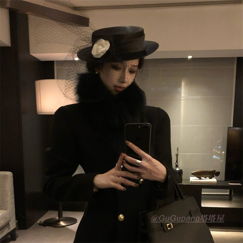 复古赫本风黑色网纱山茶花礼帽法式名媛风优雅气质平顶帽洋气头饰