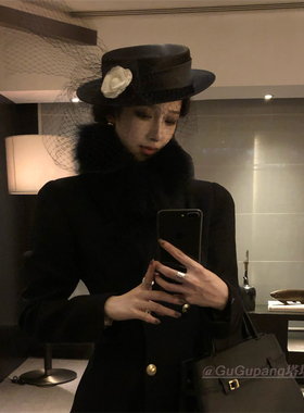 复古赫本风黑色网纱山茶花礼帽法式名媛风优雅气质平顶帽洋气头饰