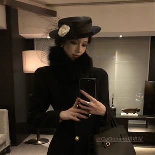 复古赫本风黑色网纱山茶花礼帽法式名媛风优雅气质平顶帽洋气头饰