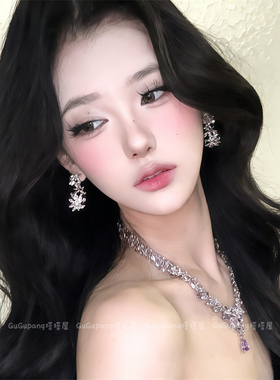 闪耀千金感紫色锆石项链耳环轻奢高级感闪钻颈链新娘晚礼服锁骨链