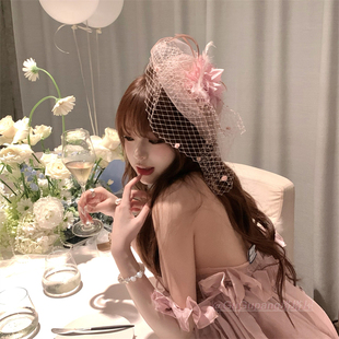 法式千金感粉色网纱小礼帽子氛围感婚纱头饰生日宴会羽毛面纱发饰