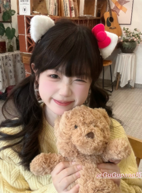 可爱红色蝴蝶结猫咪耳对夹少女心甜美侧边碎发毛绒发夹小众发饰女