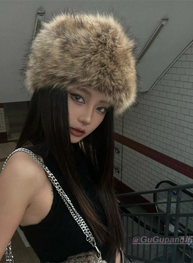 复古辣妹棕色仿狐狸毛盆帽女2024冬季毛毛帽子防寒防冻护耳帽加厚