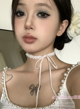 甜酷白色蕾丝绑带项链女choker辣妹风长款项圈复古设计感飘带颈链