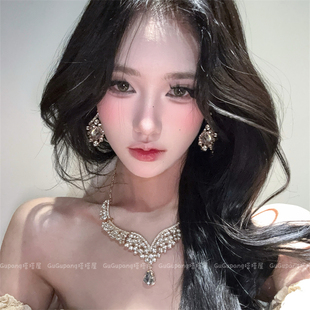 爆闪银色满钻项链耳环女贵气轻奢高级感晚会礼服锁骨链新娘配饰品