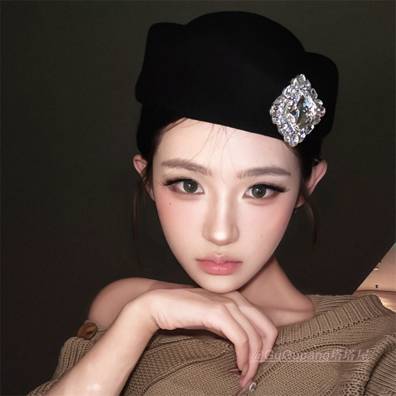 赫本风黑色方钻礼帽女法式千金贝雷帽头饰空姐制服帽复古帽子高级