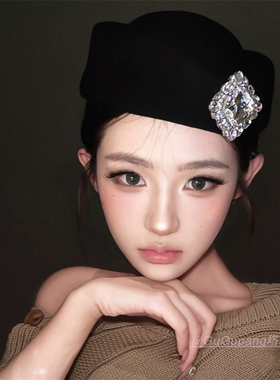 赫本风黑色方钻礼帽女法式千金贝雷帽头饰空姐制服帽复古帽子高级