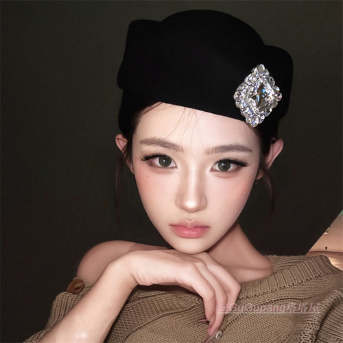 赫本风黑色方钻礼帽女
