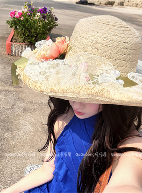 甜美白色蕾丝花朵拉菲草帽