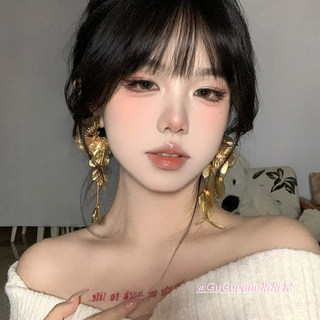 金色流苏花朵耳环个性欧美夸张圆脸耳夹耳坠小众气质轻奢新娘耳饰