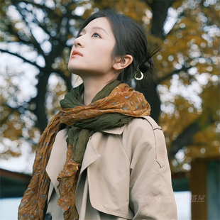 李兰迪同款黄绿拼色碎花围巾复古文艺民族风褶皱丝巾大西北披肩女
