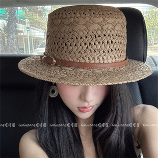 复古英伦风平顶草帽女夏季 镂空遮阳防晒帽海边度假风草编太阳帽子