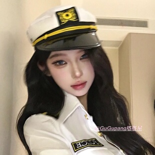 复古英伦风白色刺绣少女水手帽舞台表演道具装 饰平顶帽船长海军帽