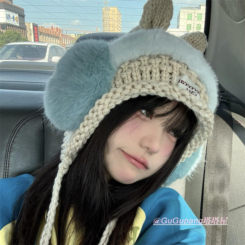 韩系软萌可爱兔耳毛线帽子秋冬款防寒保暖显脸小套头护耳帽耳罩女