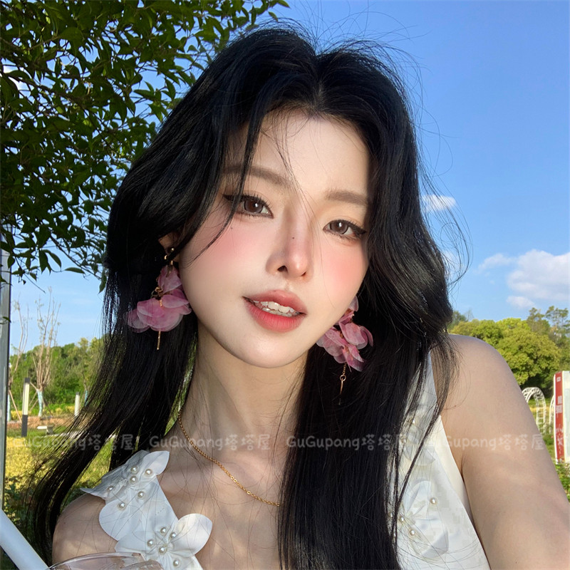 夏日纯欲粉色花瓣流苏耳环甜美度假风长款耳坠气质高级感耳钉耳饰