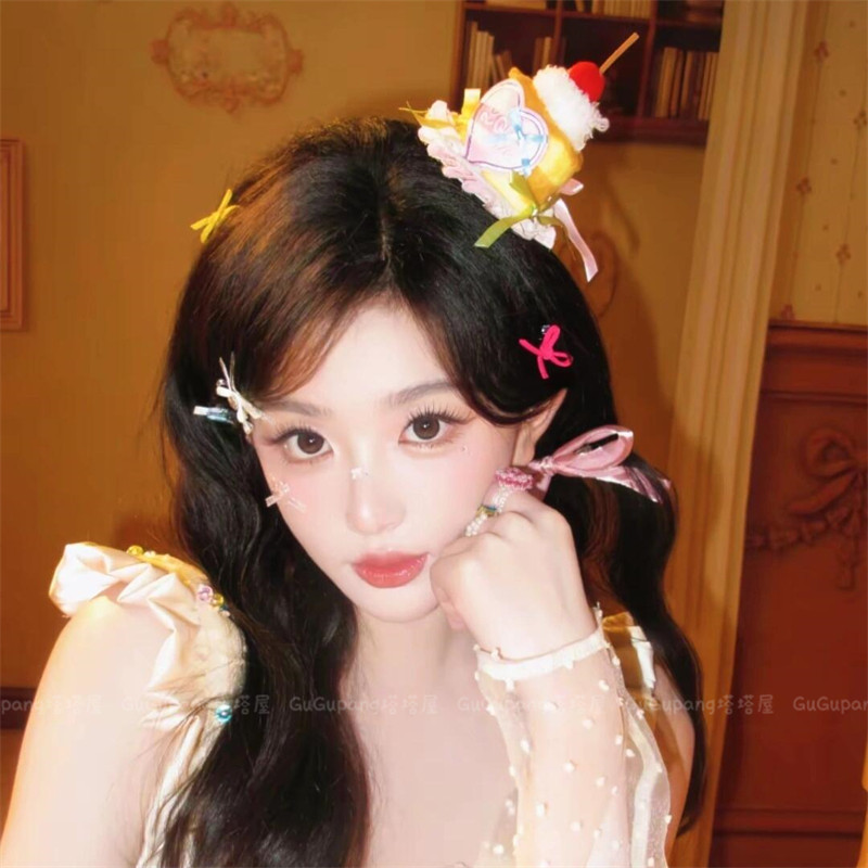 孔雪儿同款粉色樱桃小蛋糕发夹甜美氛围感生日帽发卡拍照道具头饰