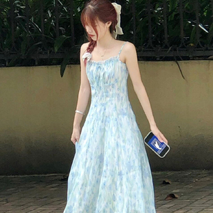 甜美蓝色碎花吊带连衣裙女 夏季 新款 小个子收腰显瘦无袖 长裙子法式