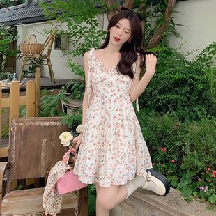 夏季 慵懒风睡裙a字甜美短裙子吊带碎花连衣裙女 新款 收腰显瘦法式