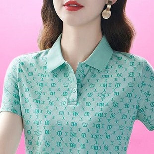 时尚 中年妈妈装 翻领polo领体桖衫 t恤短袖 洋气上衣夏 女2024年新款