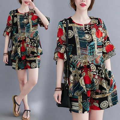 工厂特价清仓2023春夏新款胖MM套装女气质宽松显瘦雪纺印花大码女