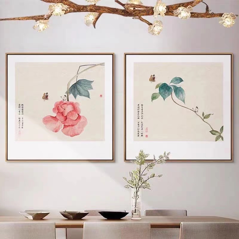 新中式餐厅装饰画客厅沙发背景墙壁画玄关书房茶室花鸟正方形挂画图片