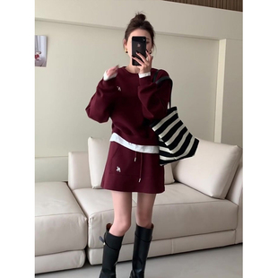 裙女春秋酒红色宽松卫衣短裙减龄两件套潮 小香风洋气休闲运动套装